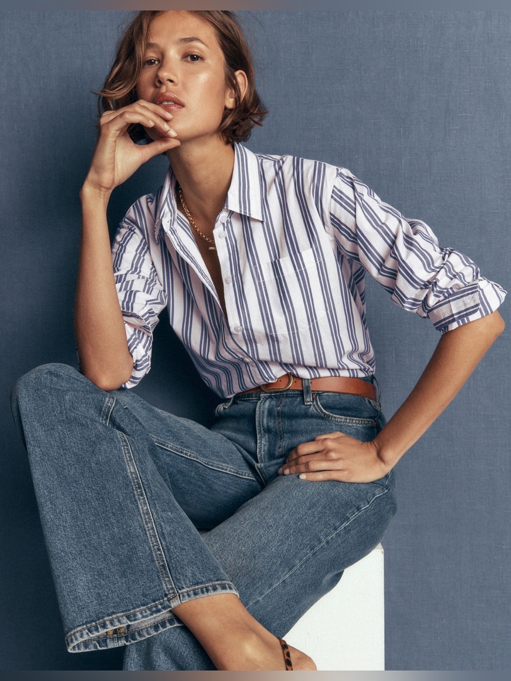 NWT Boden Sienna Relaxed Cotton Shirt in Ivory/Navy Tram Stripe, Size 2
